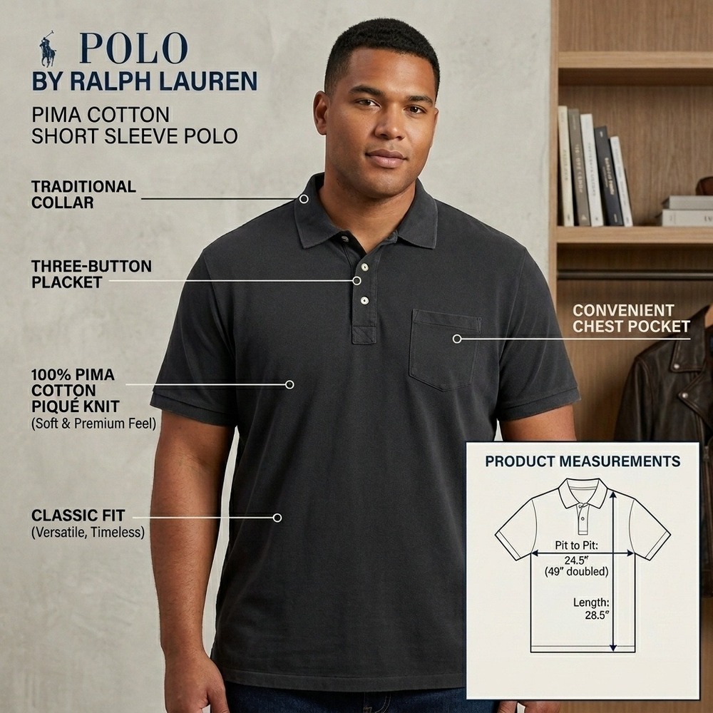 Polo Ralph Lauren Mens XXL Black Pima Cotton Short Sleeve Pocket Polo Shirt
